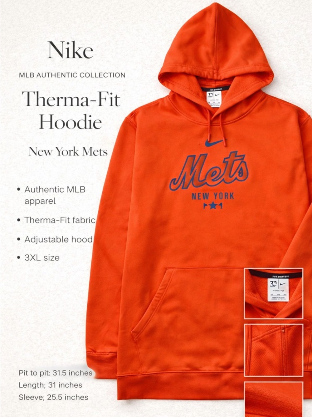 Nike Mets Therma-Fit Hoodie 3XL Orange MLB Authentic Collection Pullover unisex